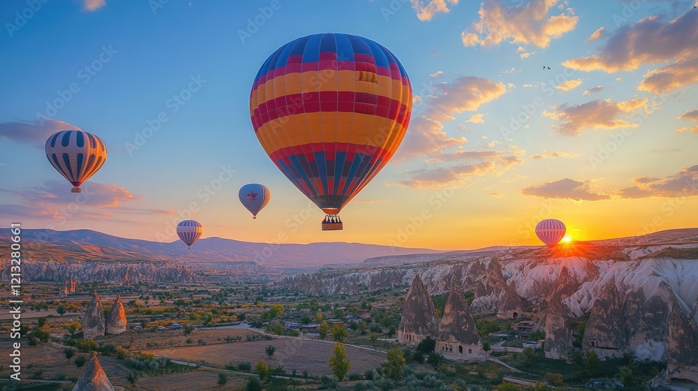 Obraz premium breathtaking landscapes of Cappadocia with colorful hot air balloons with dramatic sunset sky in Cappadocia, Turkey.