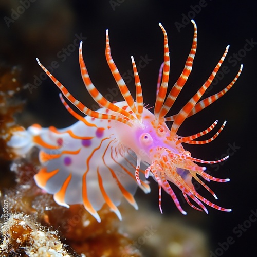 Underwater orange-pink sea slug, coral reef, dark background, marine life photography photo