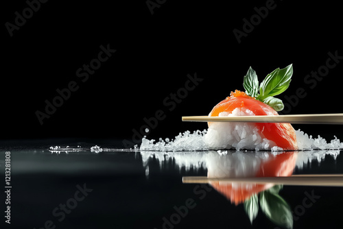 Sushi au saumon en miroir tenu par des baguettes  photo