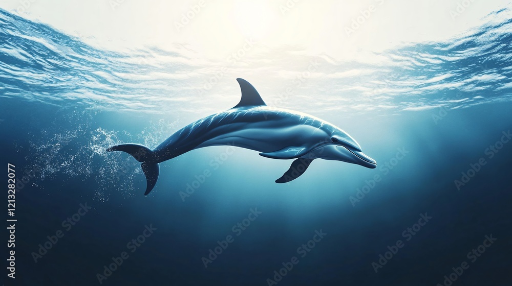 Naklejka premium Impressive Dolphin Swimming in Clear Blue Water - Centered Composition
