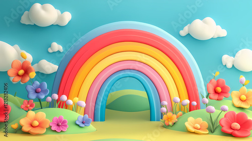 Colorful rainbow archway pedestal display with flowers and hills. playful, vibrant, whimsical scene. perfect for kid's products, fashion, or beauty. Rainbow Archway. Illustration