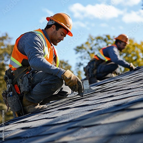 Roofers installing asphalt shingles on suburban home