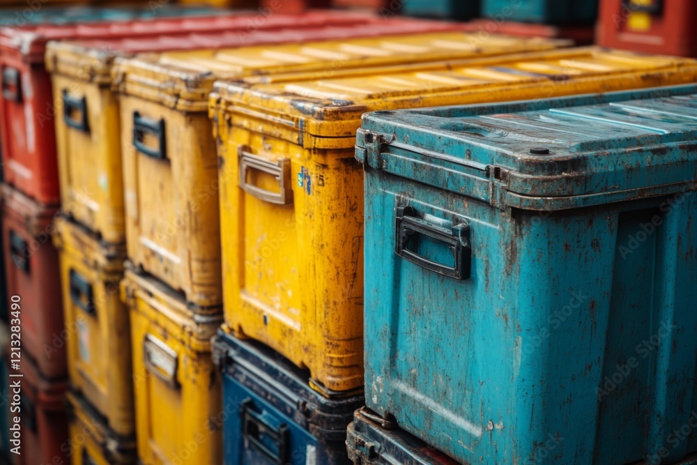 Sturdy containers in various colors are stacked together in a storage area. Generative AI Sturdy containers in various colors are stacked together in a storage area. Generative AI