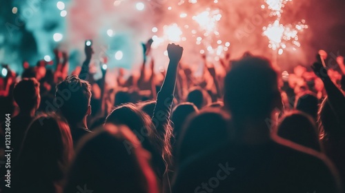 Crowd cheers fireworks concert photo