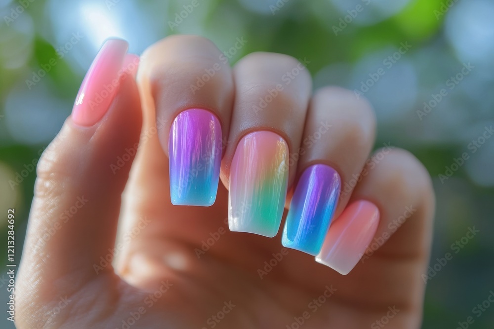 Close-Up of Hand with Vibrant Gradient Nail Art Close-Up of Hand with Vibrant Gradient Nail Art
