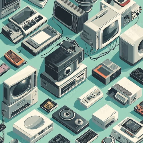 Retro Tech Evolution Isometric Illustration of Vintage Electronics on Teal Background photo