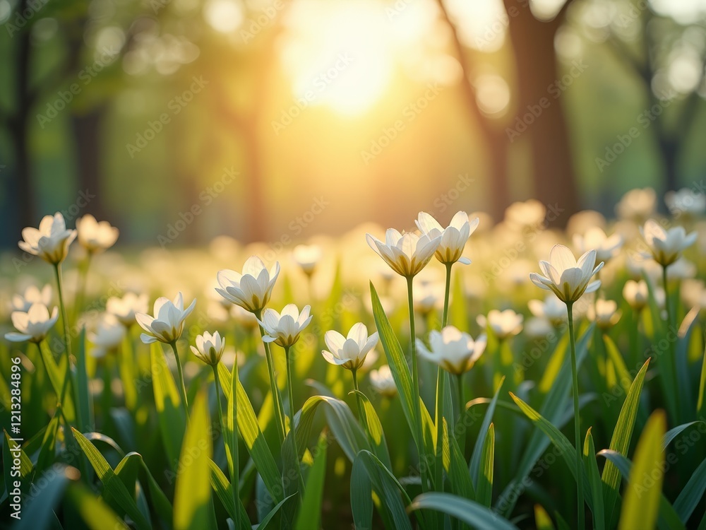 Fototapeta premium A serene field of white tulips basking in the warm sunlight
