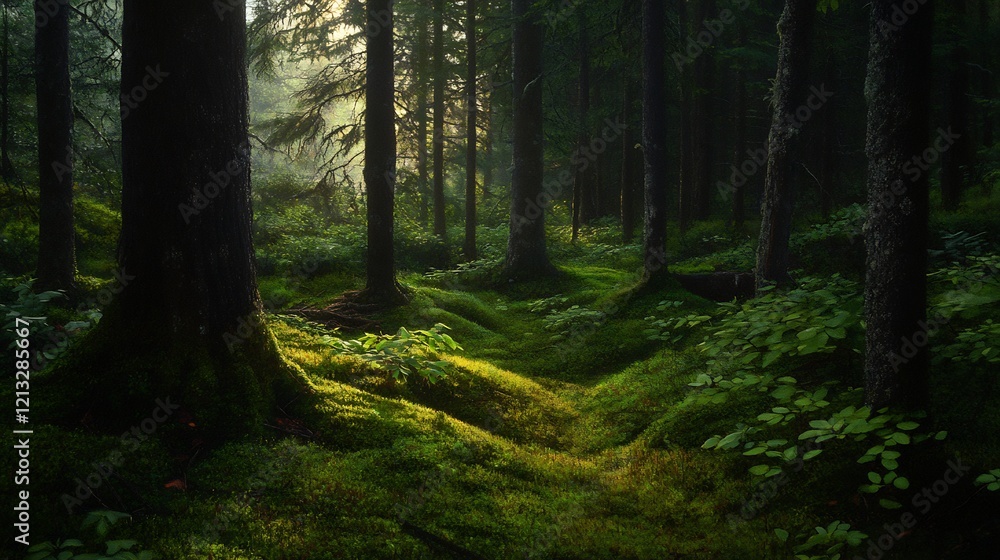 Obraz premium Enchanted Forest: Sunlit Mossy Path