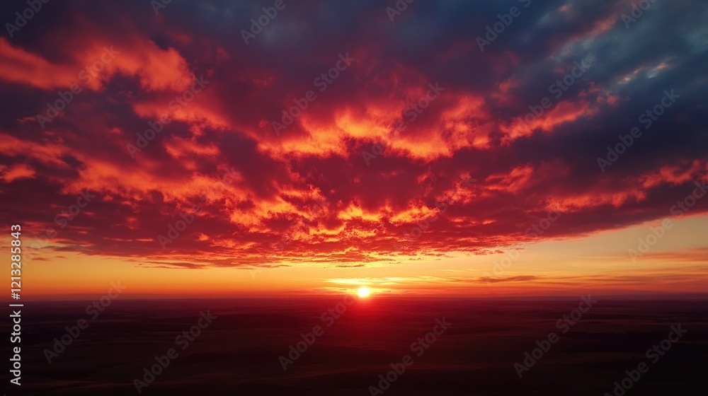 Fiery Sunset: A breathtaking panorama of a vibrant red sunset over a vast landscape. Fiery Sunset: A breathtaking panorama of a vibrant red sunset over a vast landscape.