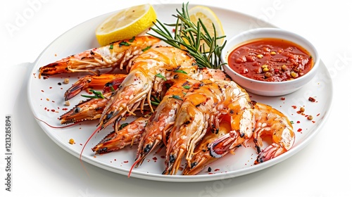 Delicious grilled shrimps with zesty lemon, spicy paprika, and flavorful sauce on dark background