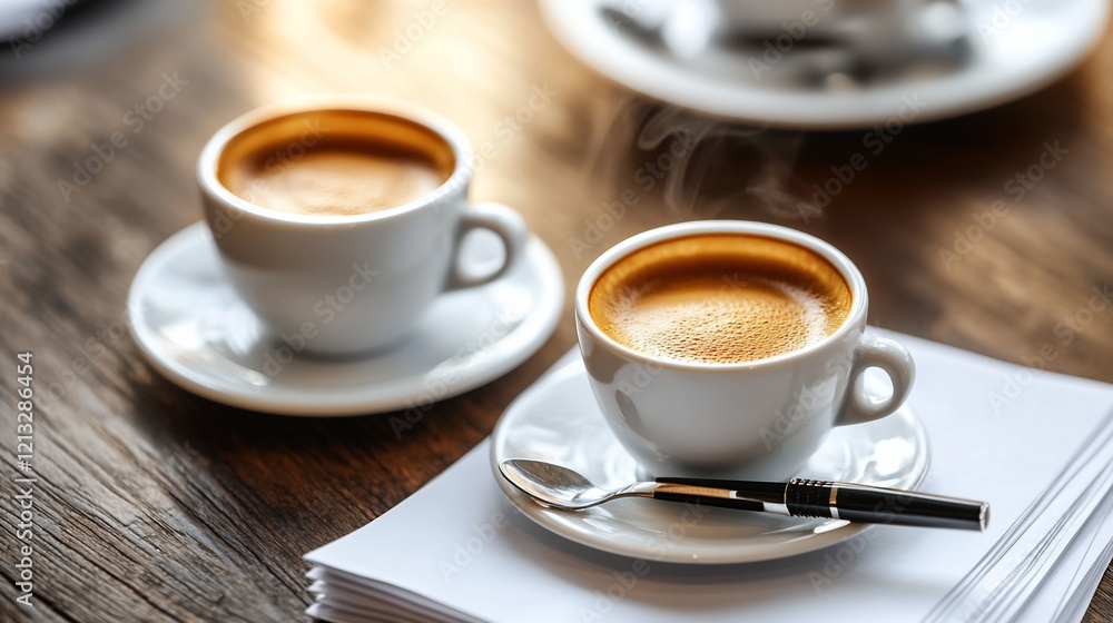 Two espressos, wooden table, office meeting, paperwork Two espressos, wooden table, office meeting, paperwork
