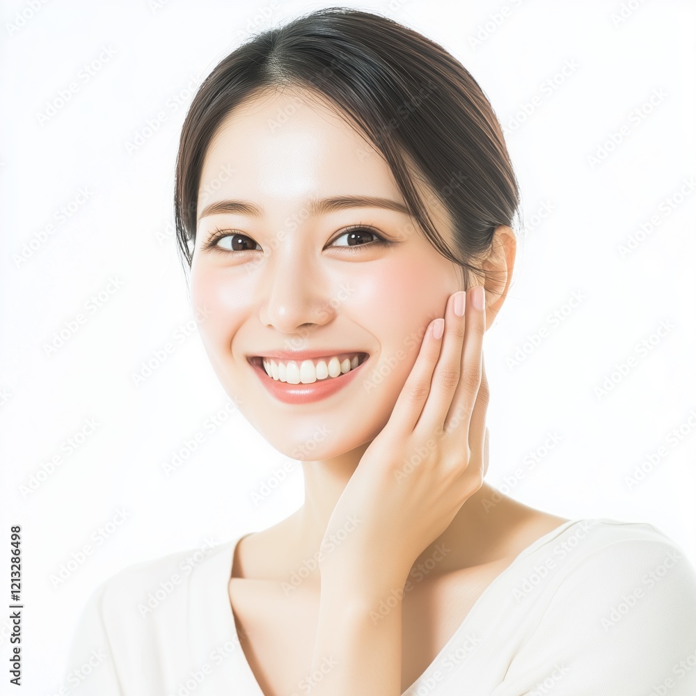 Young woman with satisfaction emotion skincare beauty concept Young woman with satisfaction emotion skincare beauty concept