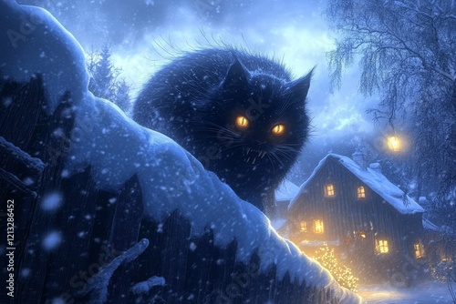 Depiction of a large, menacing cat haunting wintry landscapes.