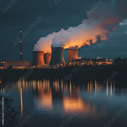 Nighttime Nuclear Power Plant Emissions Reflecting on River photo