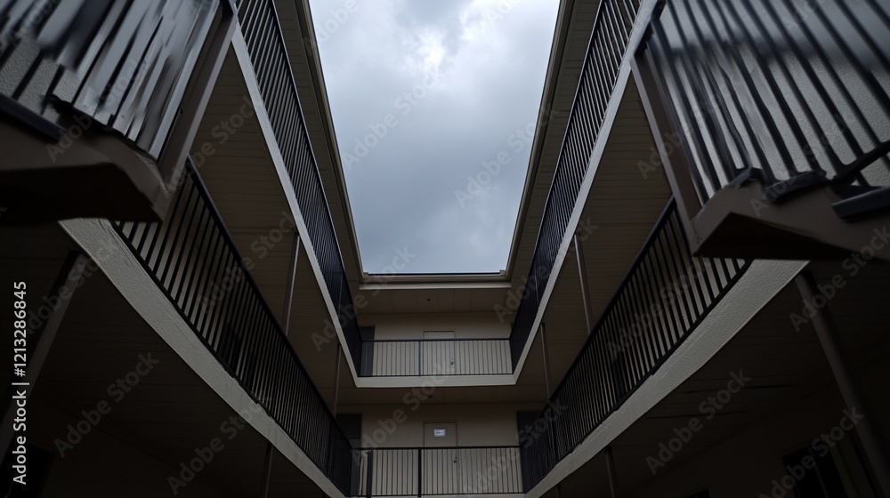 Fototapeta premium Apartment Courtyard, Cloudy Sky, Low Angle, Residential Building, Exterior