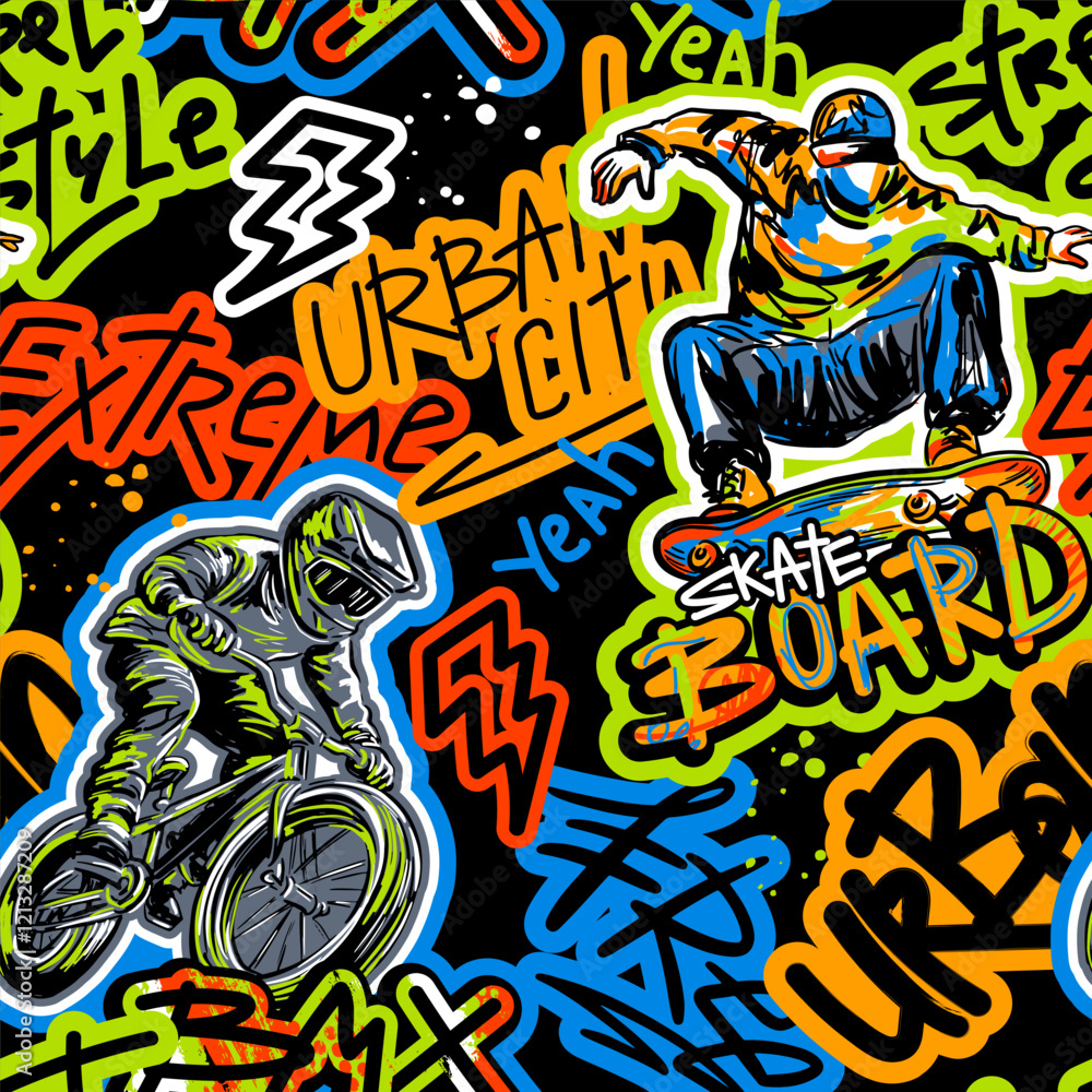 Obraz premium Abstract seamless grunge pattern for guys. Urban style modern background with boy on bicycle BMX and skateboards. Sport extreme style creative wallpaper