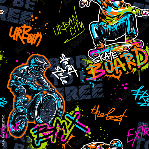 Abstract seamless grunge pattern for guys. Urban style modern background with boy on bicycle BMX and skateboards. Sport extreme style creative wallpaper