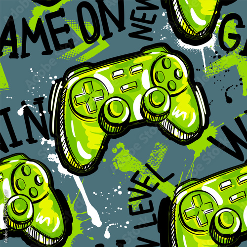 Seamless abstract pattern with joystick game and graffiti words. Bright colorful  vector Print for boys.