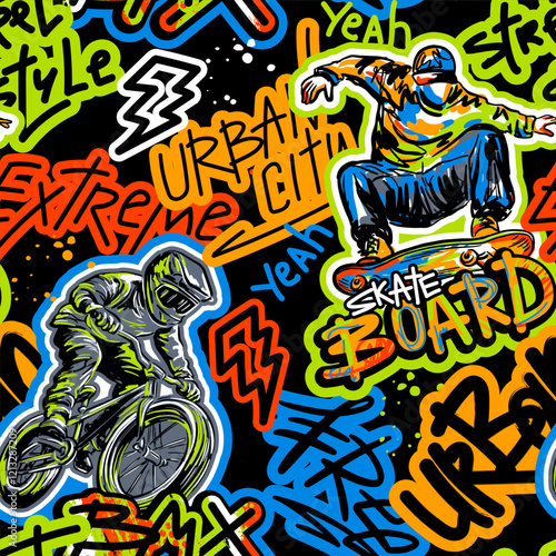 Abstract seamless grunge pattern for guys. Urban style modern background with boy on bicycle BMX and skateboards. Sport extreme style creative wallpaper
