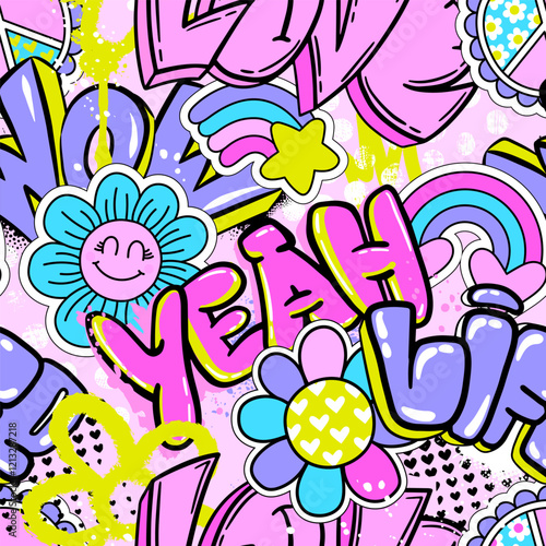 Abstract seamless chaotic pattern with graffiti words. Bright neon Grunge texture background. Wallpaper for girls.  Fashion urban  style