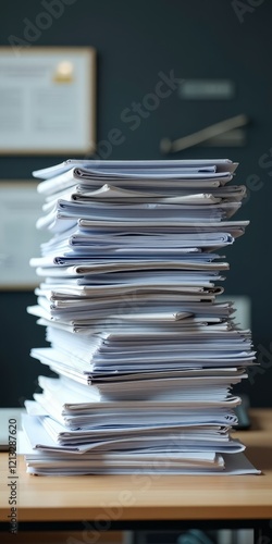 A stack of papers on a desk, indicating a high workload or pending tasks