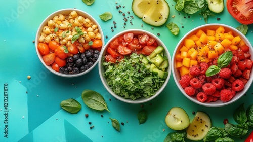 Healthy Food Bowls Arrangement on Bright Background for Nutritious Eating Concept in the Workplace photo