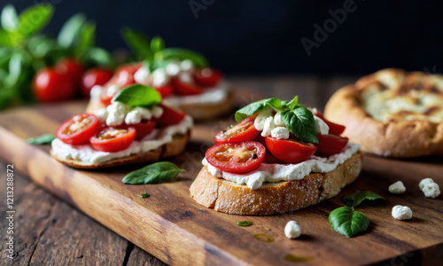 Bruschetta with Whipped Feta and Roasted Tomatoes, drizzled with Olive Oil