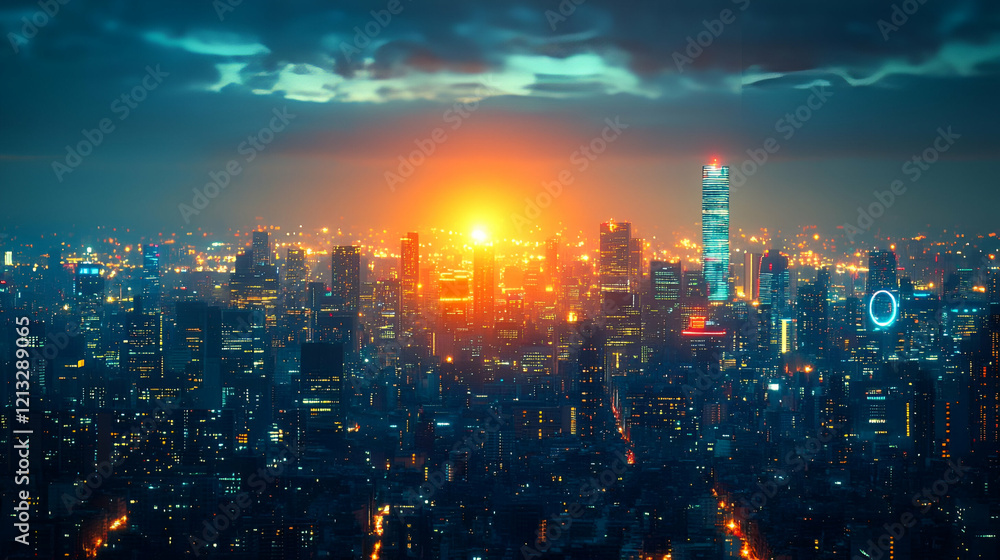 Vibrant City Skyline at Sunset with Illuminated Buildings and Towers Vibrant City Skyline at Sunset with Illuminated Buildings and Towers