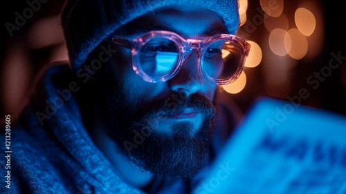 man with futuristic glasses looking at a newspaper