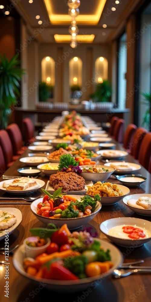 Fototapeta premium A beautifully set table with a variety of dishes and drinks