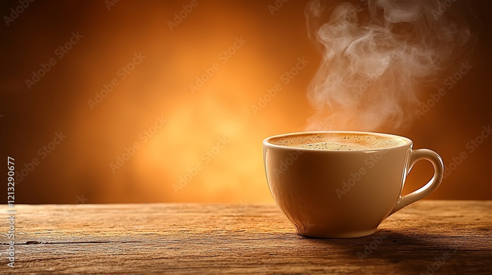 Obraz premium Steaming cup of coffee on wooden table.