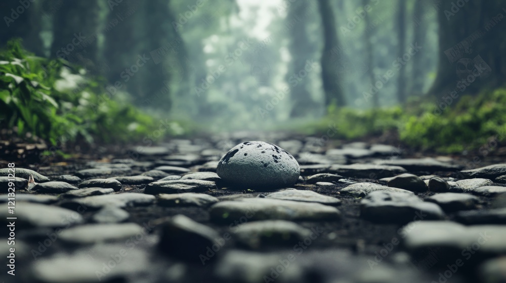 Fototapeta premium Single stone on a misty forest path.