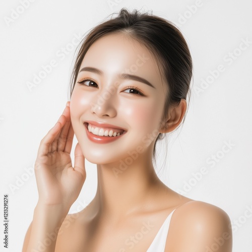 Young woman with satisfaction emotion skincare beauty concept
