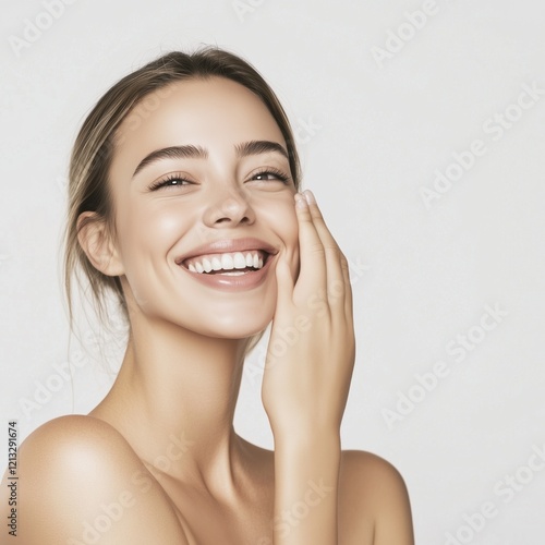 Young woman with satisfaction emotion skincare beauty concept