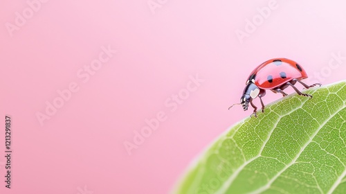 Hyper-realistic close-up of a ladybug on a leaf vein, showcasing vivid red shell with black spots, shallow depth of field, macro photography, insects photo