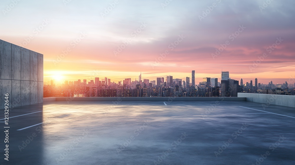 An urban rooftop parking area offering a panoramic view of the city skyline at sunset