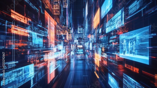 Digital data streams flow through futuristic city, showcasing information overload for tech concepts