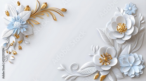 Elegant 3D white and gold floral design on a light background.