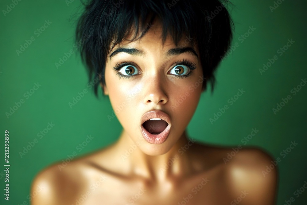 Gorgeous very astonished black girl - for ads, flyer and digital marketing use. Commercial ad campaign conceptual art. Short coiffure - straight hair. African american portrait photography. Gorgeous very astonished black girl - for ads, flyer and digital marketing use. Commercial ad campaign conceptual art. Short coiffure - straight hair. African american portrait photography.