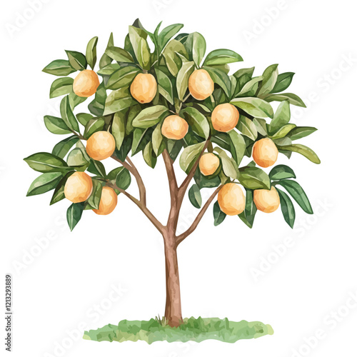 Sapodilla Tree Laden with Fruit | Soft Watercolor Botanical Vector Artwork.  
