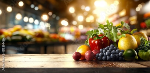 Vibrant Arrangement of Fresh Fruits and Vegetables on Wooden Table in Market Setting