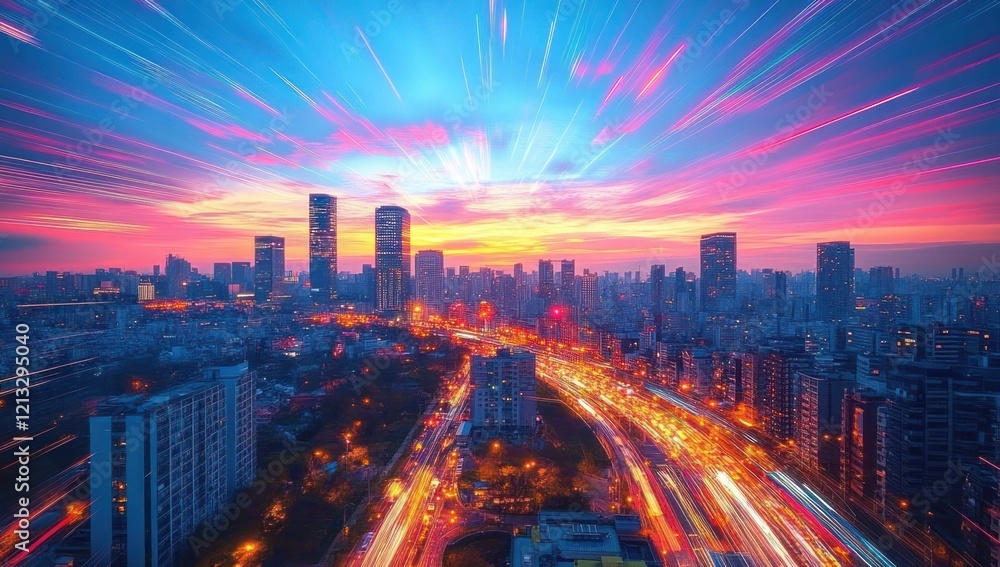 Fototapeta premium Dynamic Tokyo Cityscape at Sunset with Light Trails and Urban Energy