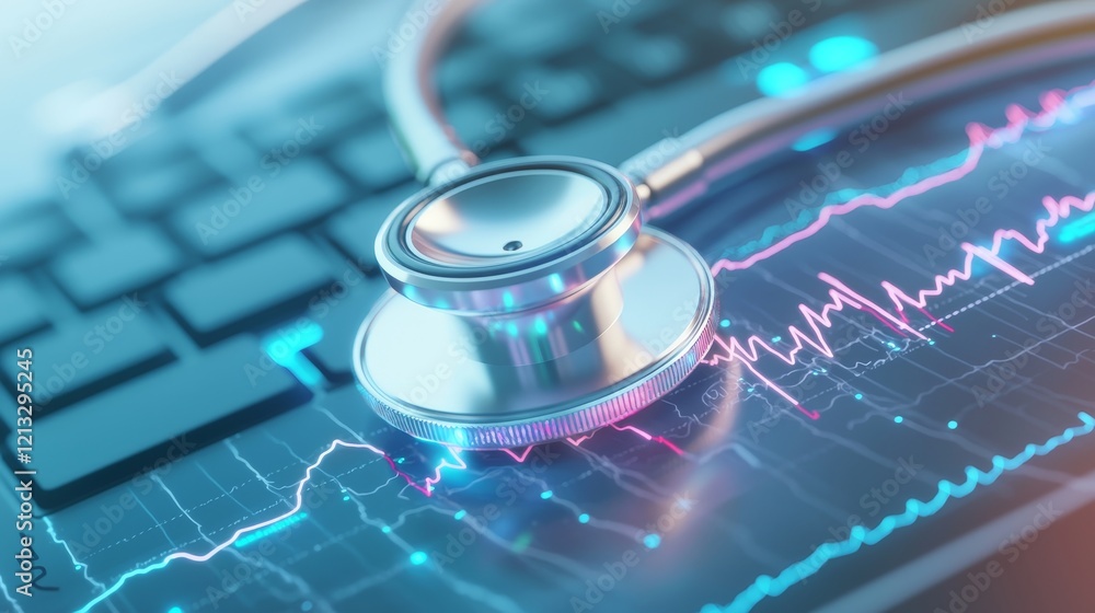 Blurry stethoscope placed on a keyboard, with indistinct hospital surroundings and medical charts faintly visible for a modern healthcare theme Blurry stethoscope placed on a keyboard, with indistinct hospital surroundings and medical charts faintly visible for a modern healthcare theme