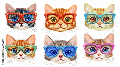 Wallpaper Mural Six Cartoon Cats with Colorful Glasses Showing Different Emotions Torontodigital.ca