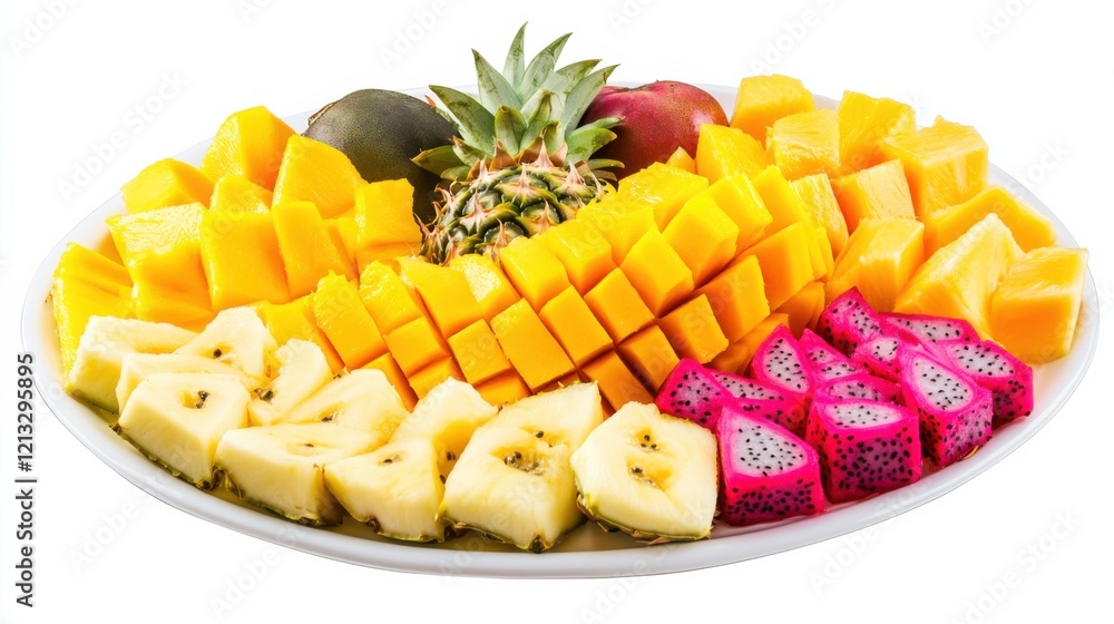 A refreshing fruit platter with a variety of sliced fruits including watermelon, cantaloupe, honeydew A refreshing fruit platter with a variety of sliced fruits including watermelon, cantaloupe, honeydew