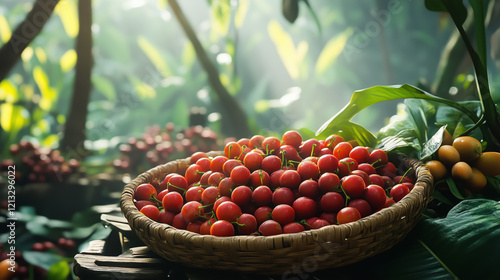 Freshly harvested red coffee cherries in a woven basket, surrounded by lush greenery and soft sunlight, showcasing natures bounty and vibrant colors.