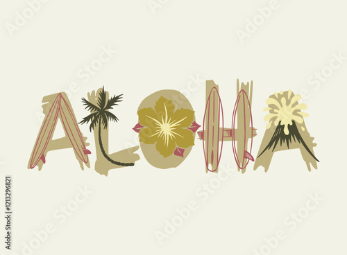 Creative and editable lettering illustration with the word Aloha and graphic elements related to Hawaii and local culture.