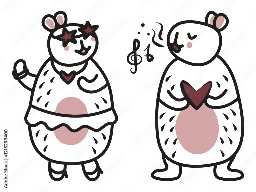Two capybaras dance and sing, black line vector doodle, festive mood, trendy kawaii characters, big friendly rodents for a postcard, coloring page, fabric prints, etc. Two capybaras dance and sing, black line vector doodle, festive mood, trendy kawaii characters, big friendly rodents for a postcard, coloring page, fabric prints, etc.