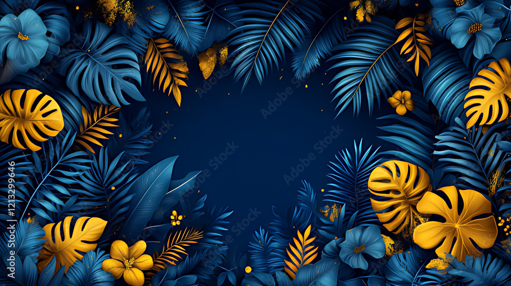 Tropical leaves frame, gold, blue, dark background, design template Tropical leaves frame, gold, blue, dark background, design template