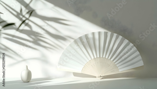 Detailed image of a delicate white folding hand fan displayed against a pristine white surface, highlighting elegance photo